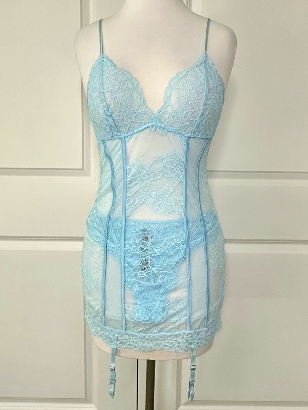 Victoria's Secret Very Sexy Lace Garter Slip And Thong Panty Set Blue Medium